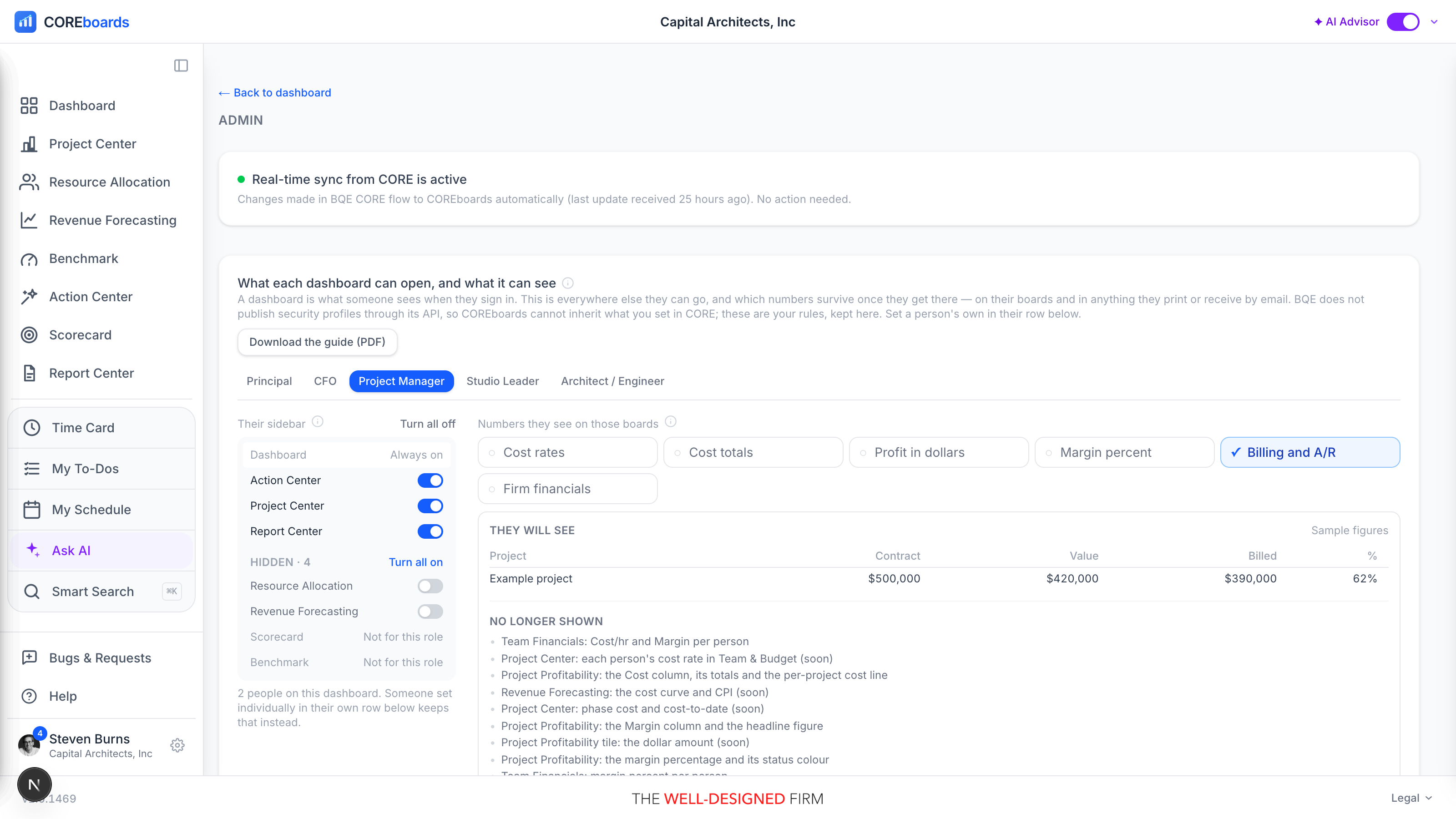 The Users & Access panel on the Project Manager tab: role tabs, the simulated sidebar with a switch on each row, a Hidden section, rows marked Not for this role, and the money chips with a sample project row.