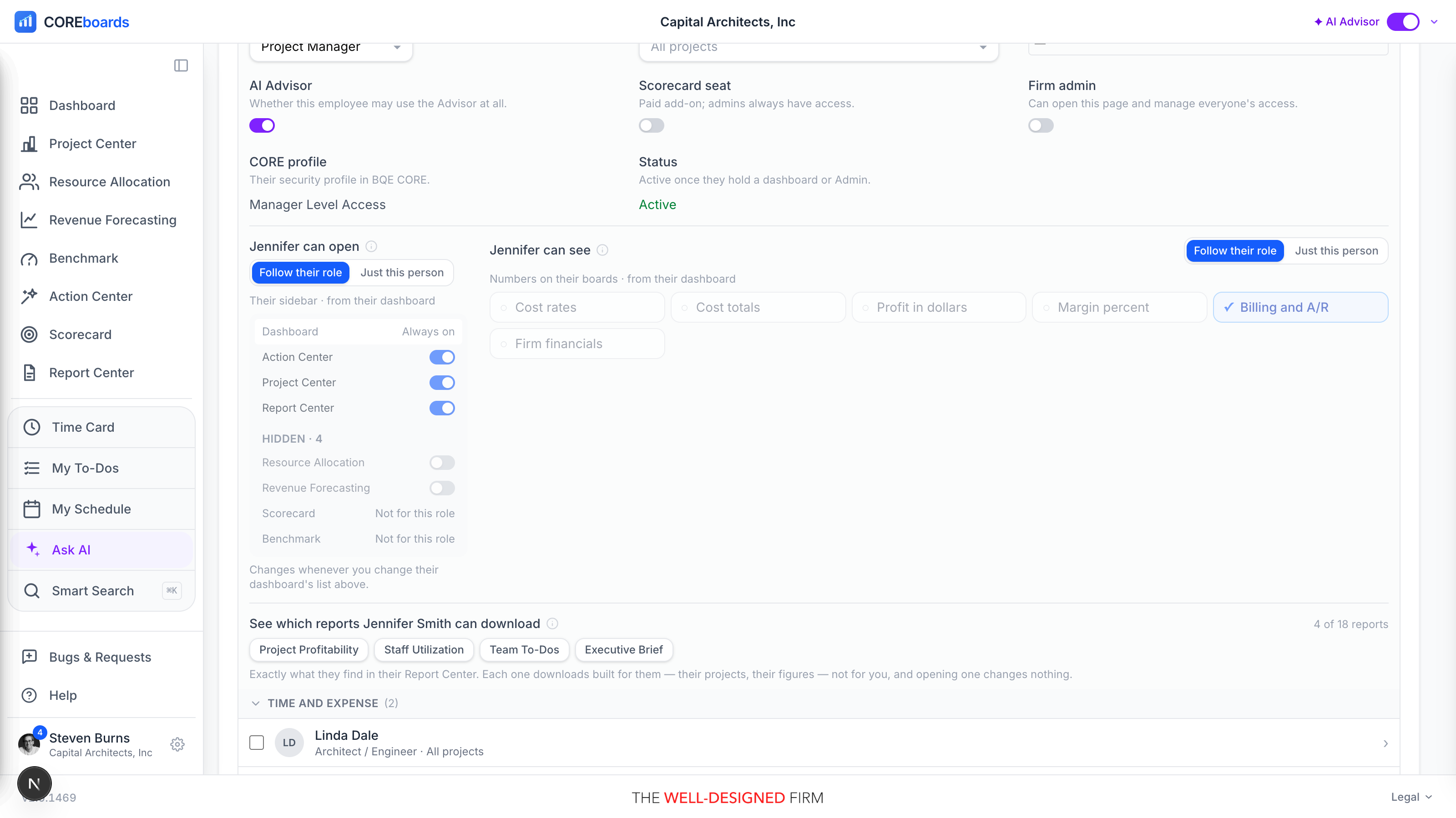 One person expanded in the Users list: their dashboard and project limits, the same two access controls for them alone, and the list of reports they can download.