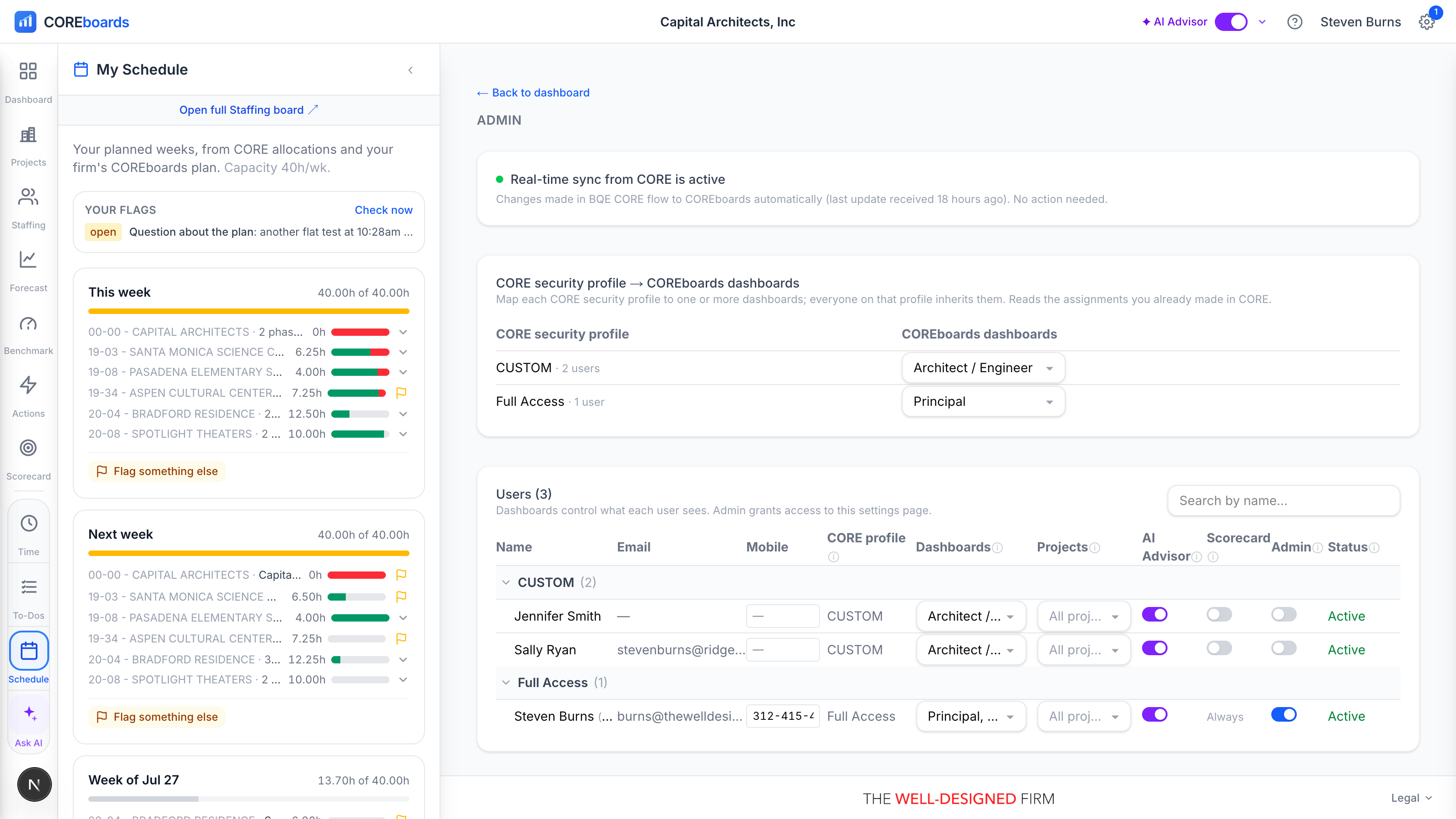 The Admin page: the real-time sync card, the profile-to-dashboards mapping, and the Users table with per-person switches.