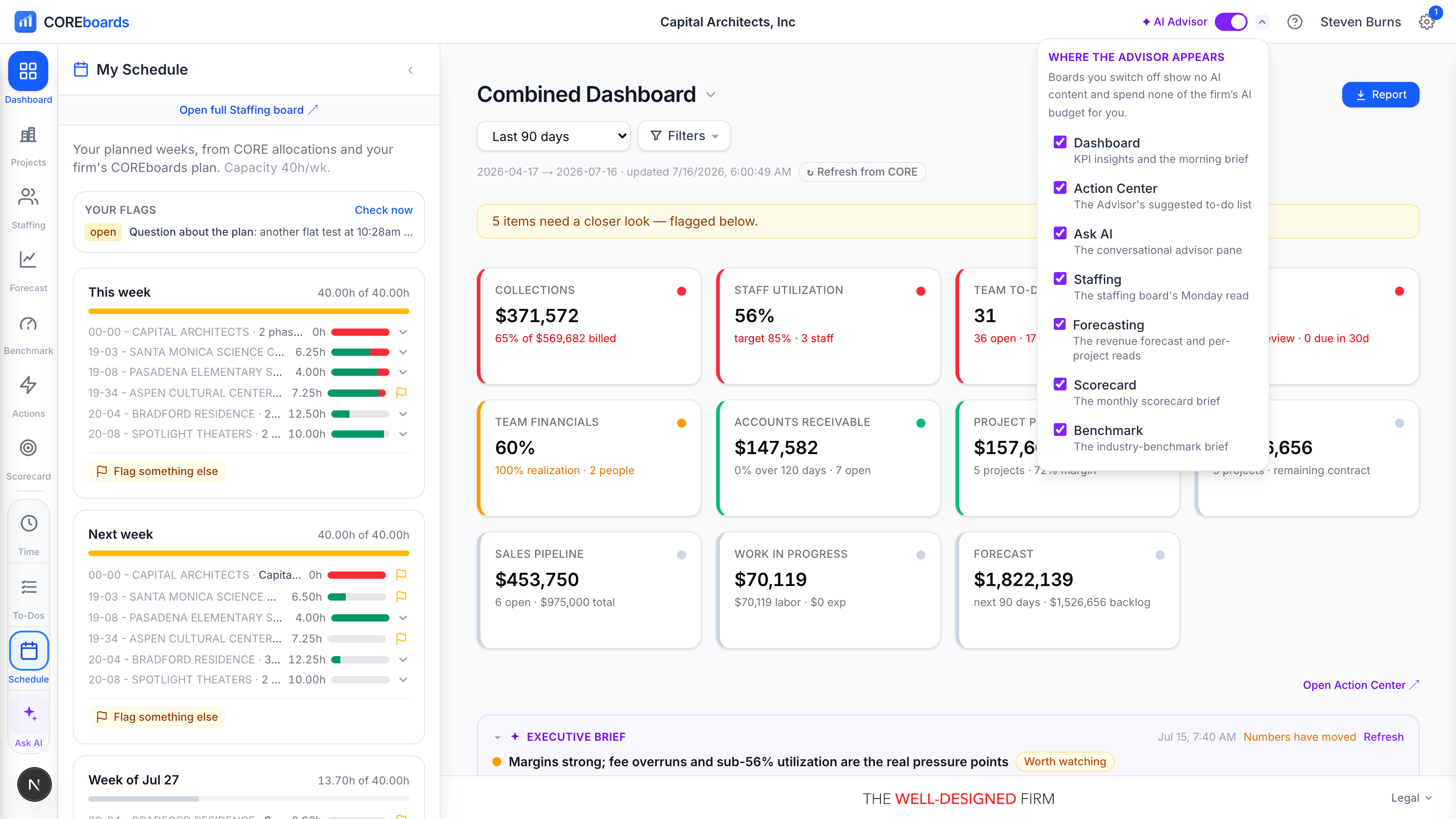 The header's ✦ AI Advisor switch with its per-surface popover open, showing one checkbox per module.