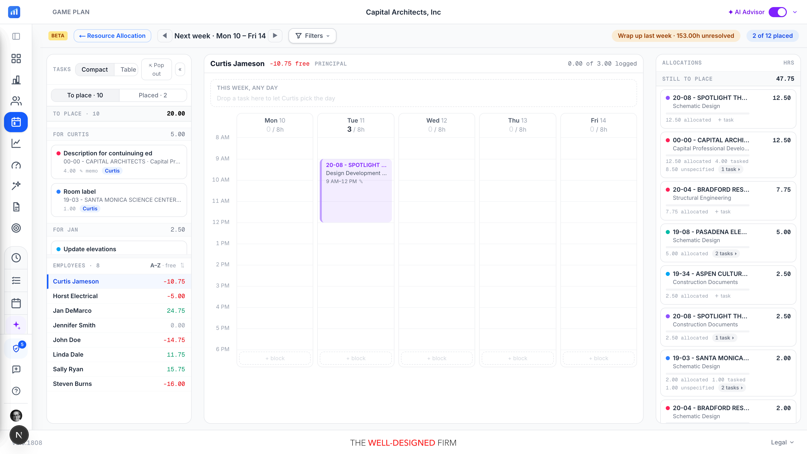 The Game Plan board: the Tasks list and Employees roster on the left, one person's Monday to Friday calendar with timed blocks in the center, and the Allocations panel on the right.