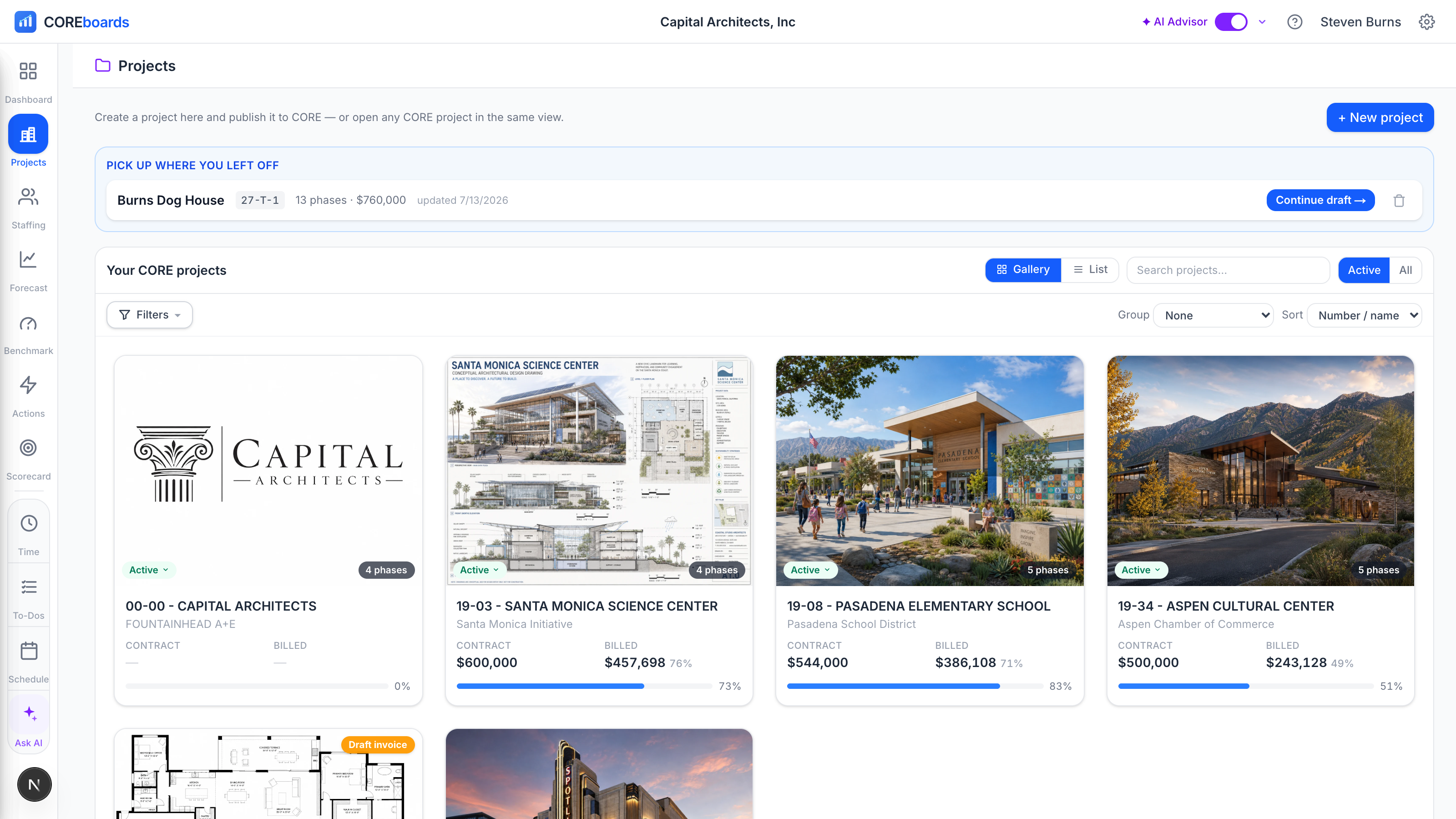 The Projects gallery: project cards with cover images, status pills, and money vitals, with the view toggle, filters, and New project button above.
